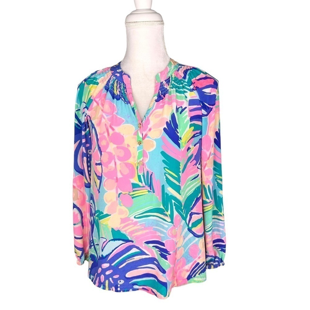 Lilly Pulitzer silk top tunic blouse pink blue palm leaves Exotic Garden Elsa XS